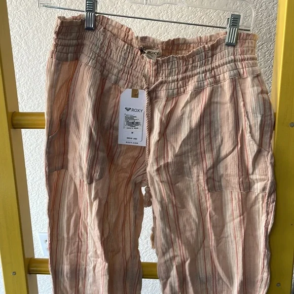Roxy medium linen pants salmon color with rose and white stripes - Picture 2 of 5